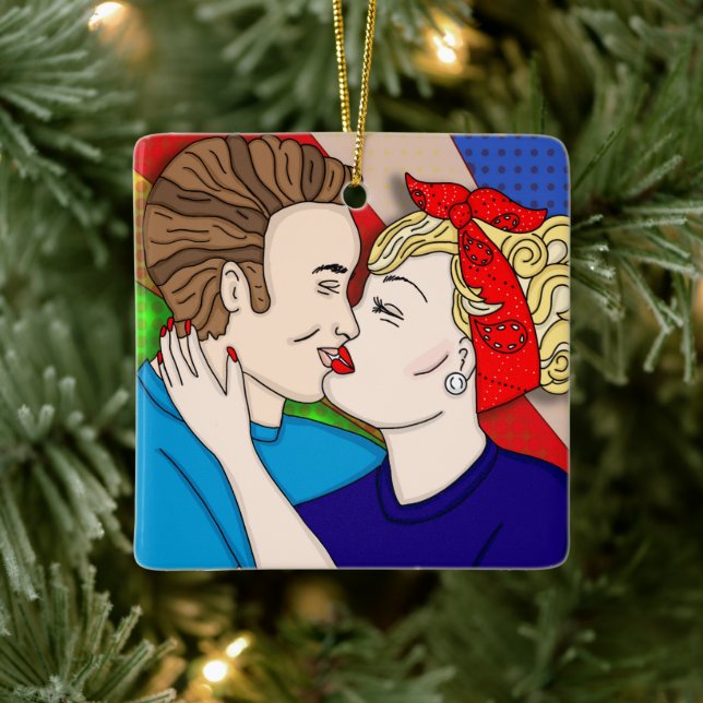 Merry Christmas Lover | Retro Couple Kissing  Ceramic Ornament (Tree)