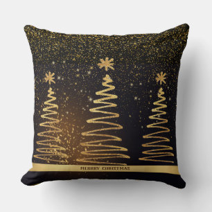 Merry Christmas luxury sparkle gold trees black Cushion