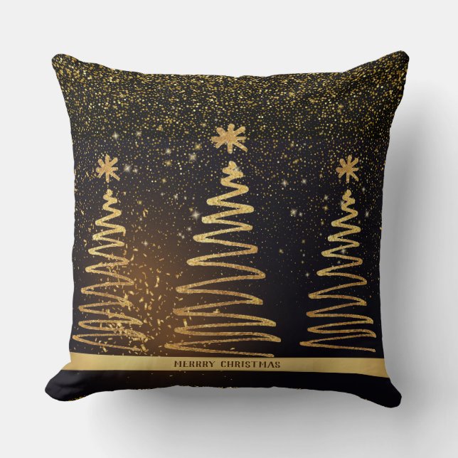 Merry Christmas luxury sparkle gold trees black Cushion (Front)
