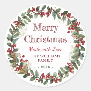 Merry Christmas Made with Love Rustic Watercolor Classic Round Sticker