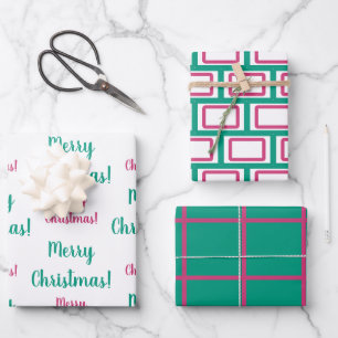 Merry Christmas Magenta Hot Pink Emerald Green Wrapping Paper Sheet