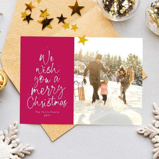 Merry Christmas magenta pink fun family photo Holiday Card (Creator Uploaded)
