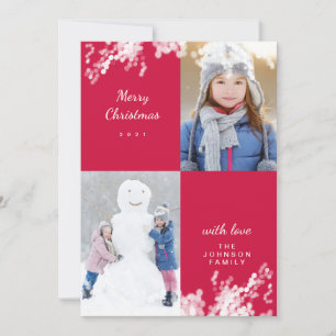 Merry Christmas Magenta Snowy Minimal Family Photo Holiday Card