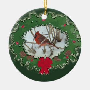 Merry Christmas Male Cardinal Songbird Ceramic Tree Decoration