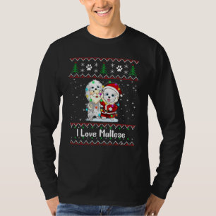 Merry Christmas Maltese Reindeer Elf Santa Hat Fai T-Shirt