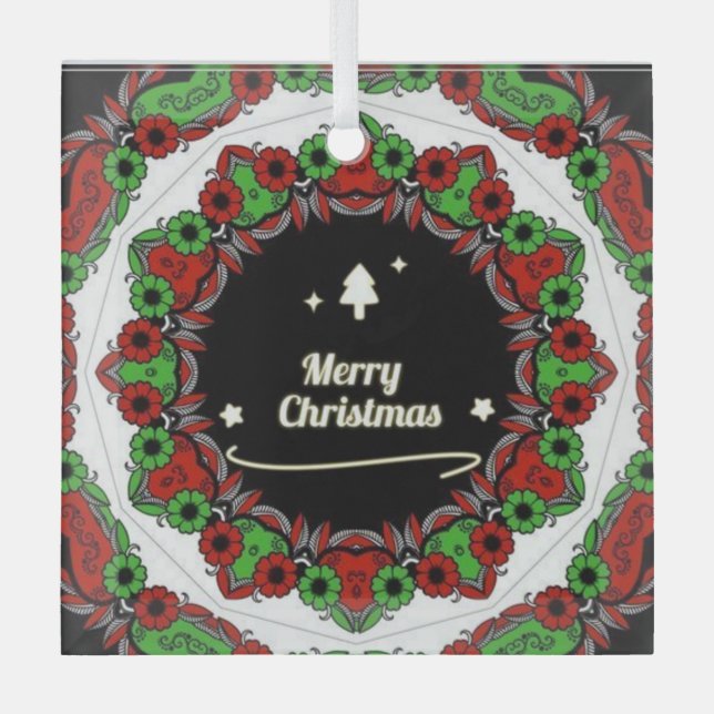 Merry Christmas mandala designs Glass Tree Decoration (Front)