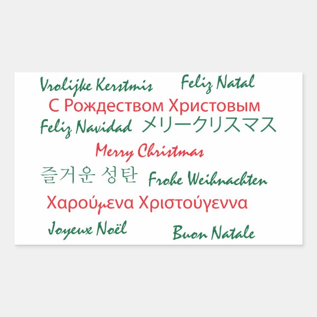 Merry Christmas Many Languages Green Red Rectangular Sticker (Front)
