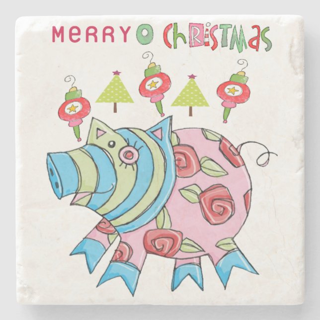 Merry Christmas Marble Stone Coaster, Pink Pig Stone Coaster (Front)