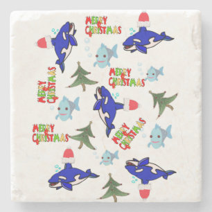 Merry Christmas Marble Stone Coaster, Shark Fish  Stone Coaster