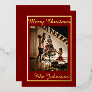 Merry Christmas Maroon Gold Simple Modern Photo Foil Holiday Card