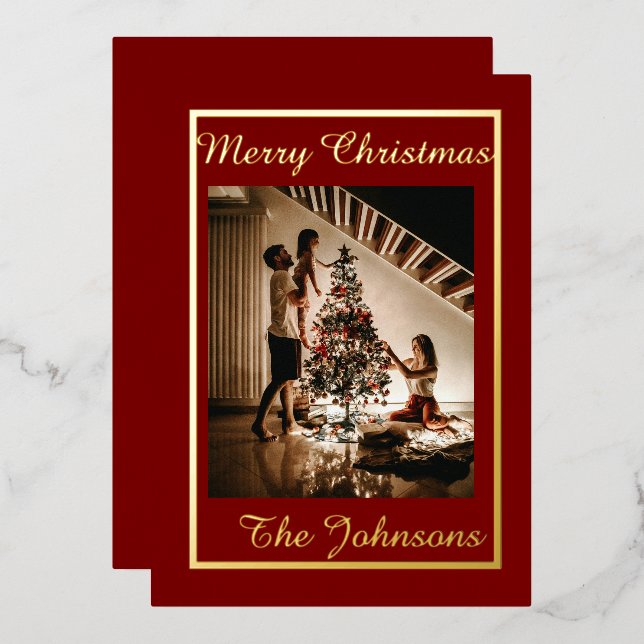 Merry Christmas Maroon Gold Simple Modern Photo  Foil Holiday Card (Front/Back)