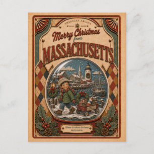 Merry Christmas Massachusetts Vintage Snow Globe Holiday Postcard