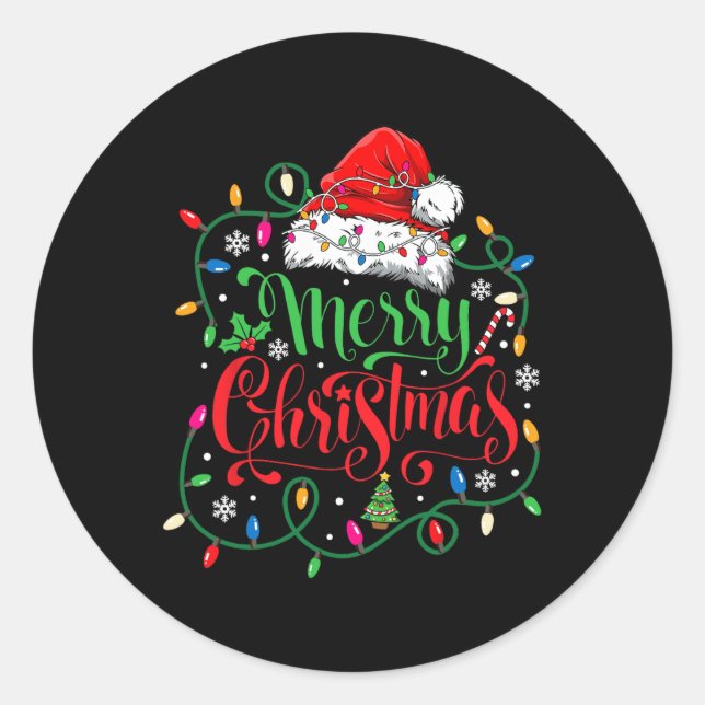 Merry Christmas Matching Family Santa Hat Lights X Classic Round Sticker (Front)