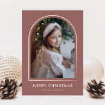 Merry Christmas Mauve Arch Photo Foil Holiday Card<br><div class="desc">Modern holiday photo card featuring your vertical photo nestled inside of a mauve arch frame with a rose gold foil border. Personalise the rose gold foil holiday card with your custom greeting and family name in white lettering. The card reverses to a simple white snow pattern.</div>