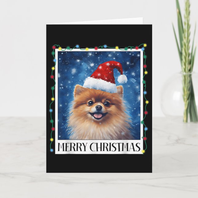 Merry Christmas Meranian Santa Hat Xmas Dog Lights Card (Front)
