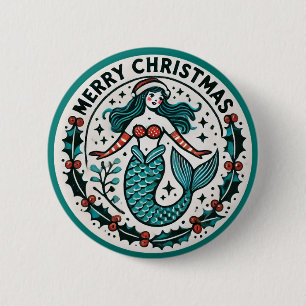 Merry Christmas Mermaid                            6 Cm Round Badge