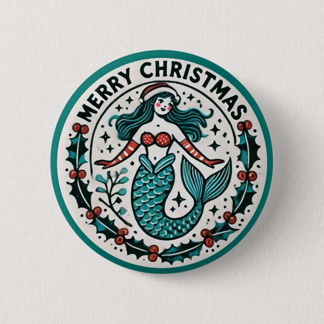 Merry Christmas Mermaid                            6 Cm Round Badge (Front)