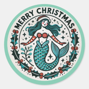 Merry Christmas Mermaid Classic Round Sticker