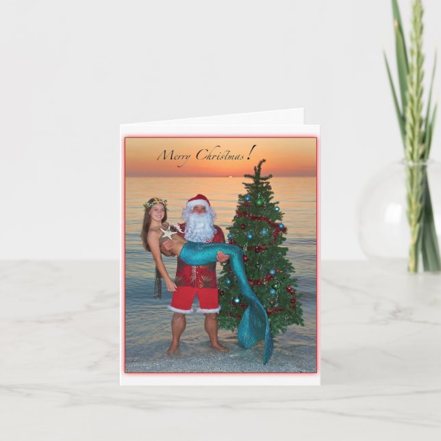 Merry Christmas Mermaid with Santa on the Beach Holiday Card (Front)