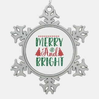 Merry Christmas Merry And Bright Snowflake Pewter Christmas Ornament