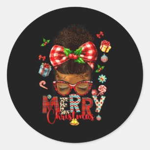Merry Christmas Messy Bun Black Women African Amer Classic Round Sticker