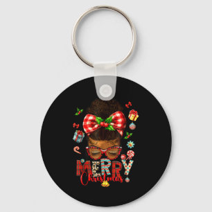 Merry Christmas Messy Bun Black Women African Amer Key Ring