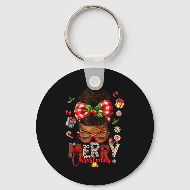 Merry Christmas Messy Bun Black Women African Amer Key Ring (Front)