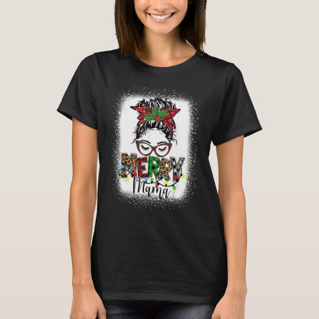 Merry Christmas Messy Bun Woman Leopard Happy Xmas T-Shirt (Front)