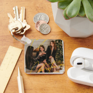 Merry Christmas Metal Square Keychain, 2.25" x 2.2 Key Ring