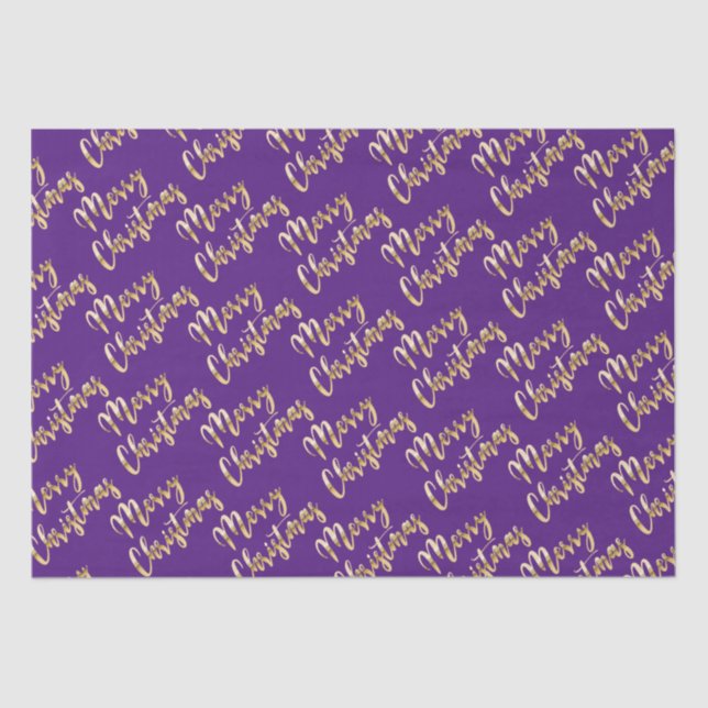 Merry Christmas metallic gold script purple Tissue Paper (Front)