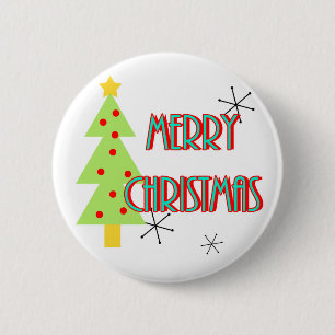 merry christmas mid century modern tree red blue 6 cm round badge