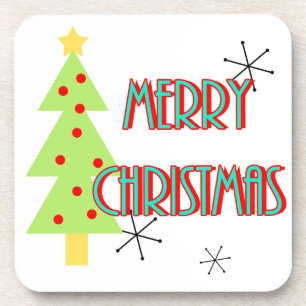 merry christmas mid century modern tree red blue coaster