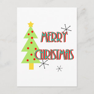 merry christmas mid century modern tree red blue holiday postcard