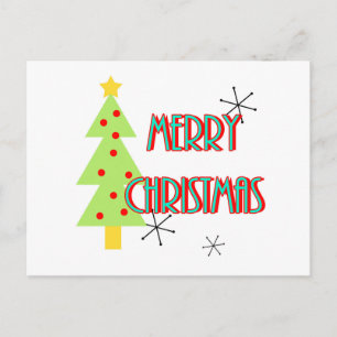 merry christmas mid century modern tree red blue holiday postcard