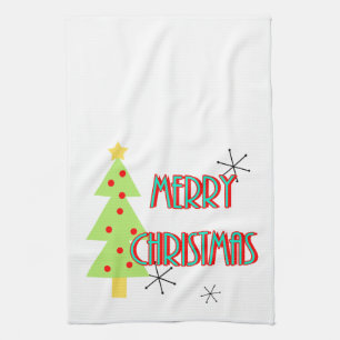 merry christmas mid century modern tree red blue tea towel