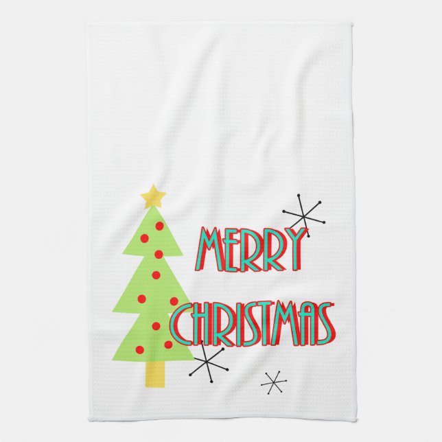 merry christmas mid century modern tree red blue tea towel (Vertical)