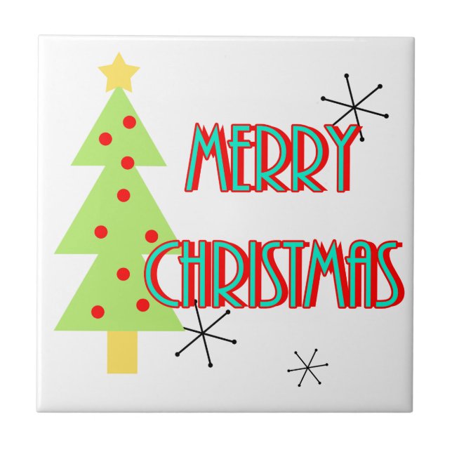 merry christmas mid century modern tree red blue tile (Front)