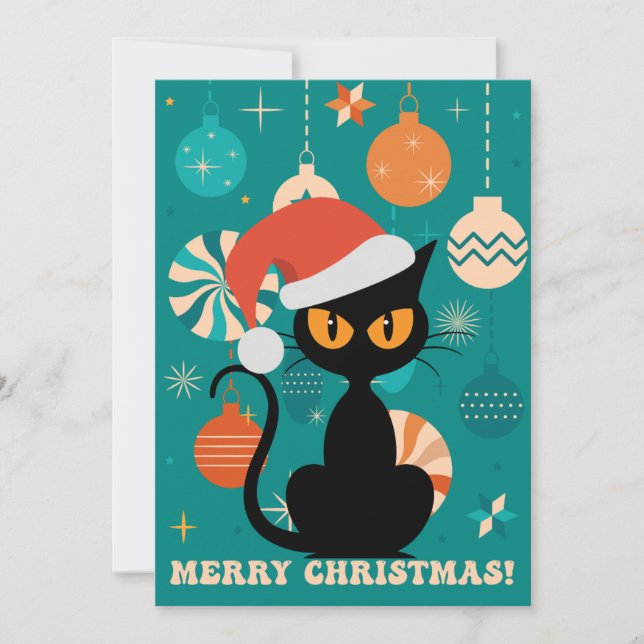 Merry Christmas MidCentury Modern Cat in Santa Hat Holiday Card (Front)