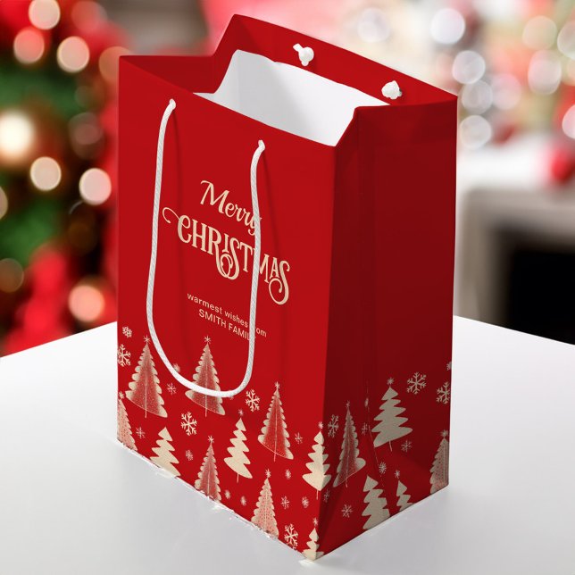 Merry Christmas midcentury red beige trees Medium Gift Bag (Merry Christmas midcentury modern retro red beige gold trees personalized template Medium Gift Bag)