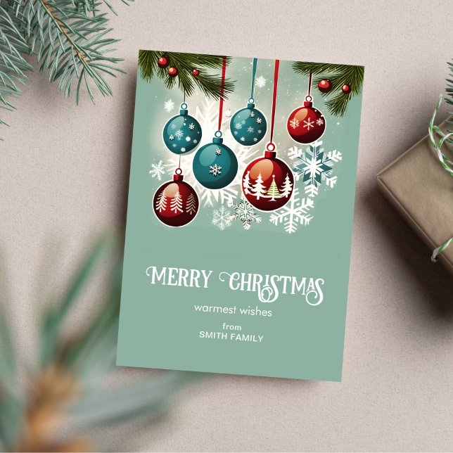Merry Christmas midcentury retro green Holiday Card (Merry Christmas midcentury retro sage teal green Holiday Card baubles pines snowflakes muted colors)