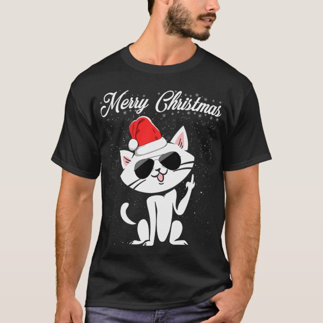 Merry Christmas Middle Finger Rude Xmas Cat Ugly T-Shirt (Front)