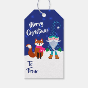 Merry Christmas Midnight Blue Gnome and Cute Fox Gift Tags