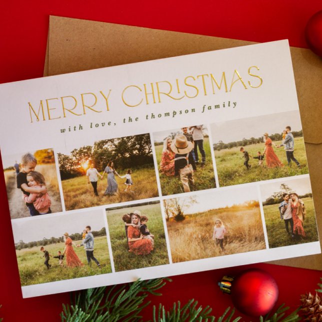 Merry Christmas Minimal Gold Foil Eight Photo Foil Holiday Card (Creator Uploaded)