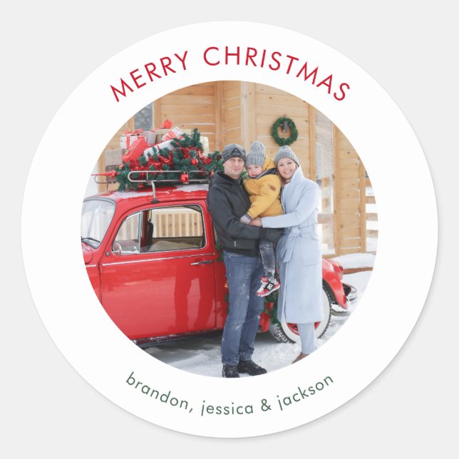 Merry Christmas Minimal Photo Classic Round Sticker (Front)