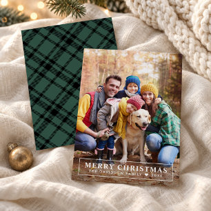 Merry Christmas Minimal Photo with Plaid Back Holiday Card