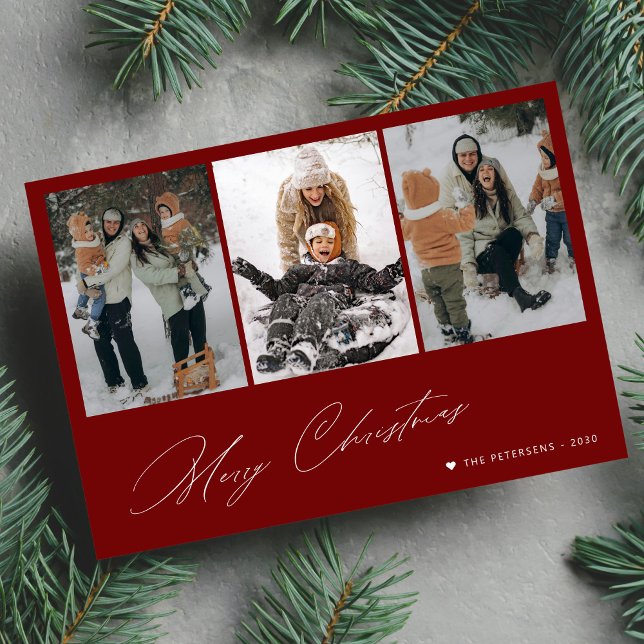 Merry Christmas minimal script 3 photo red Holiday Card (Creator Uploaded)