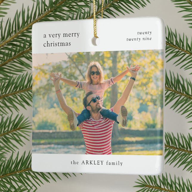 Merry Christmas Minimal Simple White Family Photo Ceramic Ornament (Creator Uploaded)