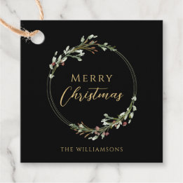 Merry Christmas Minimal Watercolor Wreath Black Favour Tags