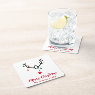 Merry Christmas minimalist and cute reindeer white Square Paper Coaster