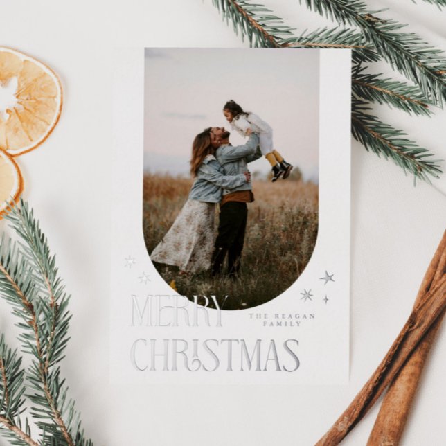 Merry Christmas Minimalist Arch White Foil Holiday Card (Creator Uploaded)